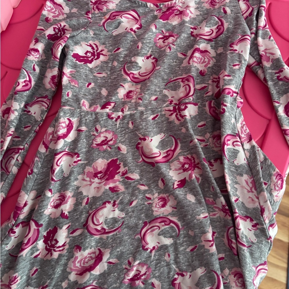 Gray Floral Long Sleeve Dress with Pink Accents